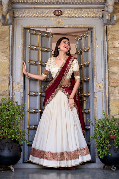 Traditional Wear White Color Vichitra Silk With Zari Weaving Work Lehenga Choli