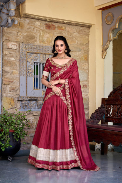 Traditional Wear Maroon Color Vichitra Silk With Zari Weaving Work Lehenga Choli