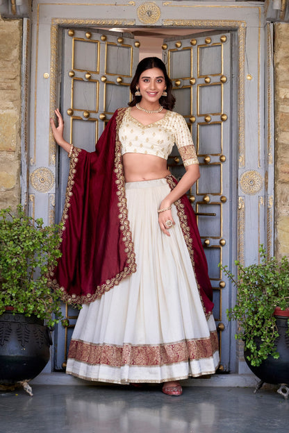 Traditional Wear White Color Vichitra Silk With Zari Weaving Work Lehenga Choli