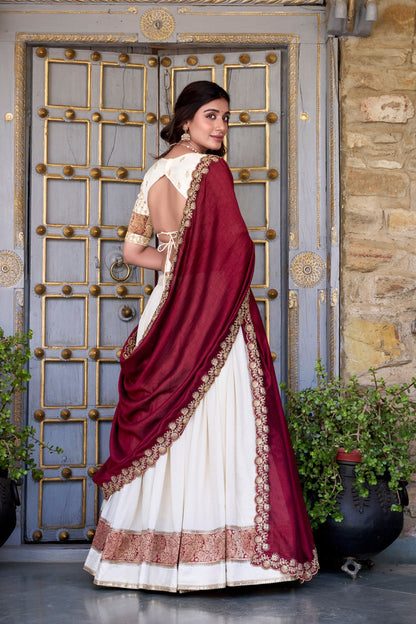 Traditional Wear White Color Vichitra Silk With Zari Weaving Work Lehenga Choli