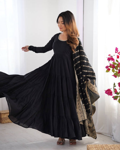Marvelous Black Color Pure Roman Silk Chanderi Fabric Fully Flair Anarkali Gown