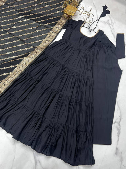 Marvelous Black Color Pure Roman Silk Chanderi Fabric Fully Flair Anarkali Gown