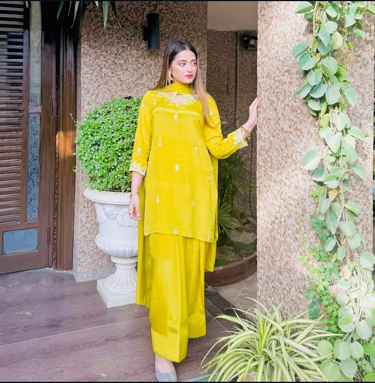 Exclusive Haldi Wear Yellow Color Pure Natural Satin Silk With Heavy Embroidery Sequence Work Palazzo Suit