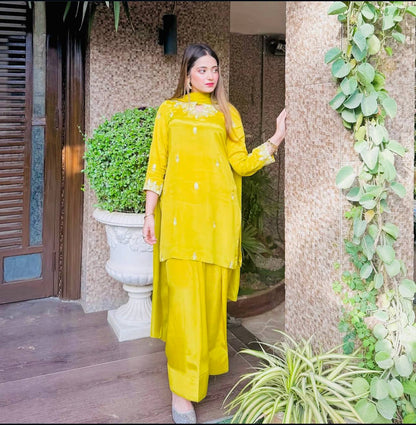 Exclusive Haldi Wear Yellow Color Pure Natural Satin Silk With Heavy Embroidery Sequence Work Palazzo Suit