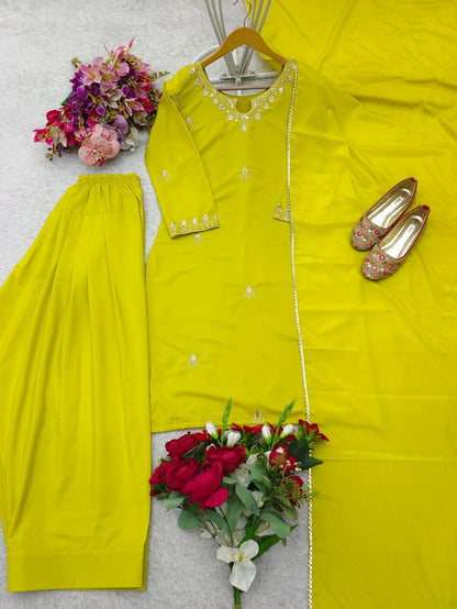 Exclusive Haldi Wear Yellow Color Pure Natural Satin Silk With Heavy Embroidery Sequence Work Palazzo Suit