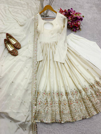 Wedding Wear White Color Pure Chinon Silk With Heavy Embroidery Sequence Work Anarkali Suit