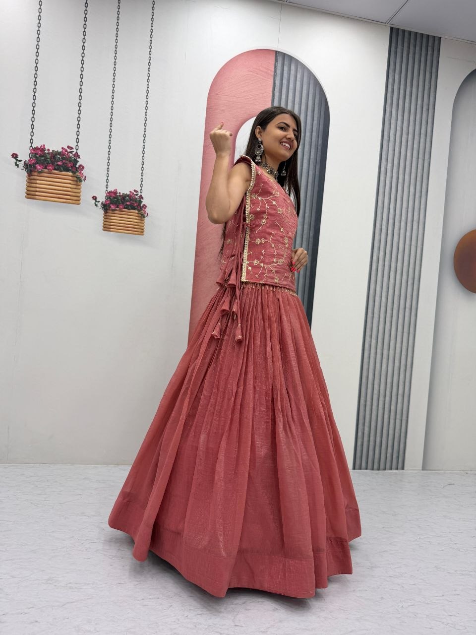Celebrity Style Pink Color Sequence Lehenga With Jacket