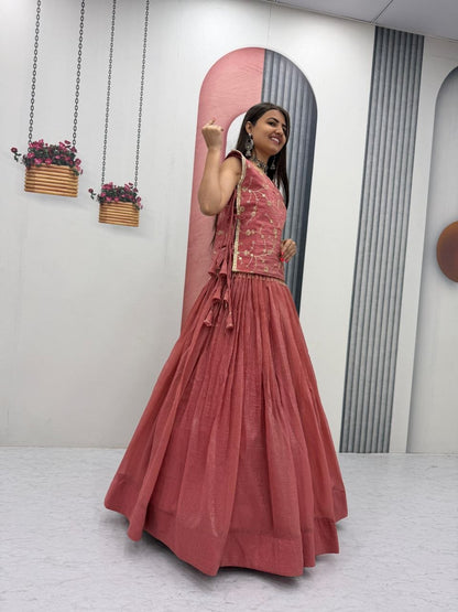 Celebrity Style Pink Color Sequence Lehenga With Jacket