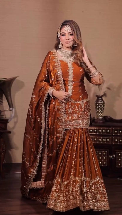 Elegant Fendy Silk Embroidered Fully Stitched Sharara Suit Set