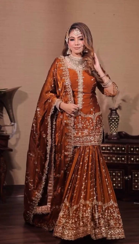 Elegant Fendy Silk Embroidered Fully Stitched Sharara Suit Set