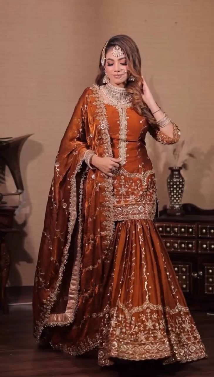 Elegant Fendy Silk Embroidered Fully Stitched Sharara Suit Set