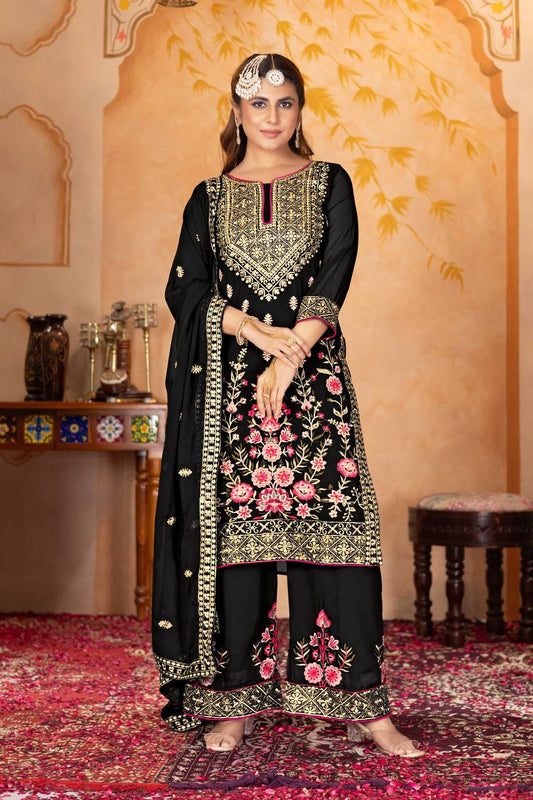 Party Wear Black Color Heavy Fuax Georgette Embroidery Sequences Work With Real Mirror Hand Work Palazzo Suit