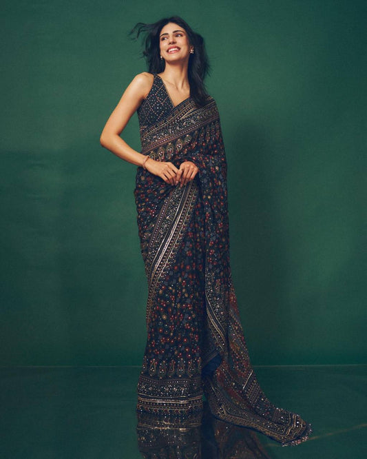 Wonderful Blue Color Sequence Embroidered Saree