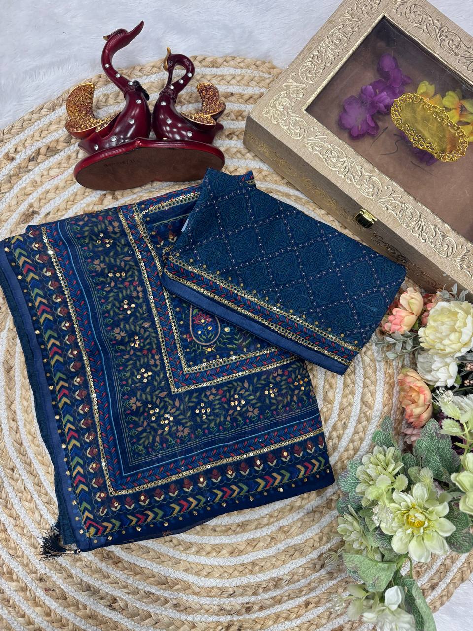 Wonderful Blue Color Sequence Embroidered Saree
