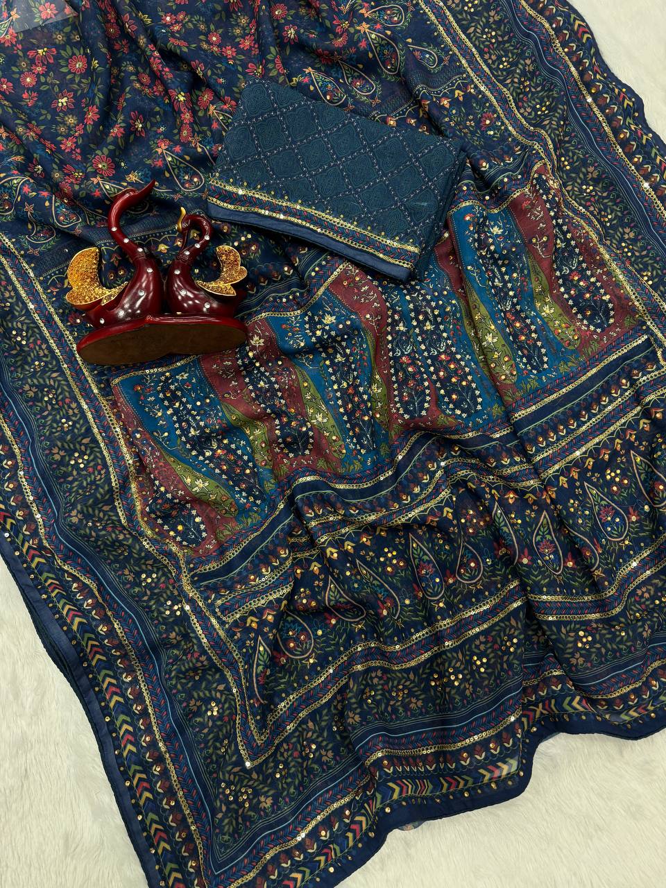 Wonderful Blue Color Sequence Embroidered Saree