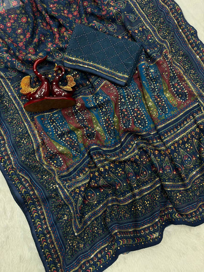 Wonderful Blue Color Sequence Embroidered Saree