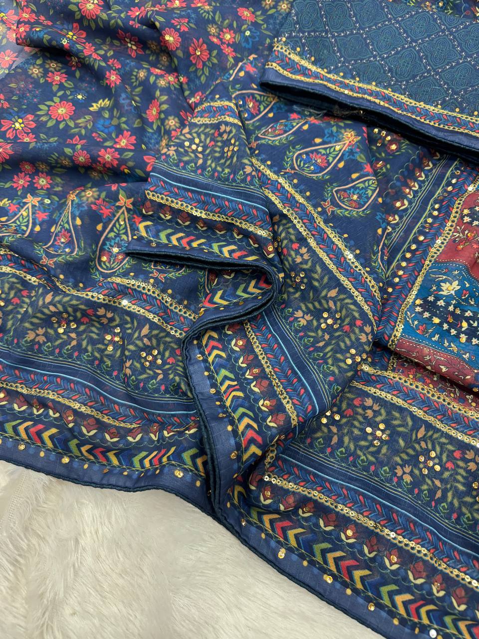 Wonderful Blue Color Sequence Embroidered Saree
