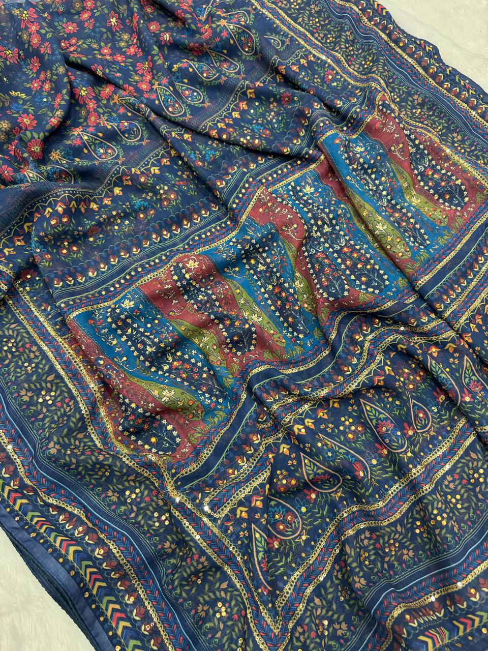 Wonderful Blue Color Sequence Embroidered Saree