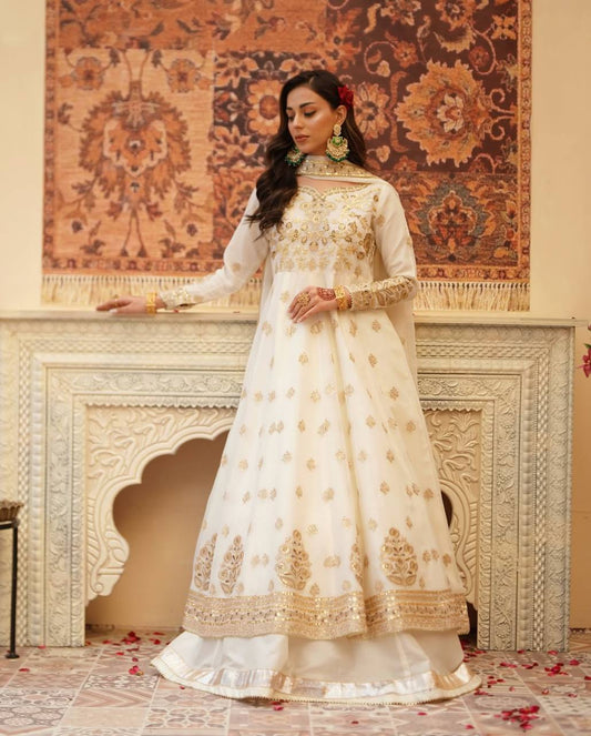 Party Wear Off White Color Designer Gown With Lehenga Set