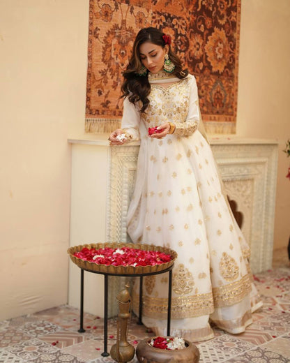 Party Wear Off White Color Designer Gown With Lehenga Set