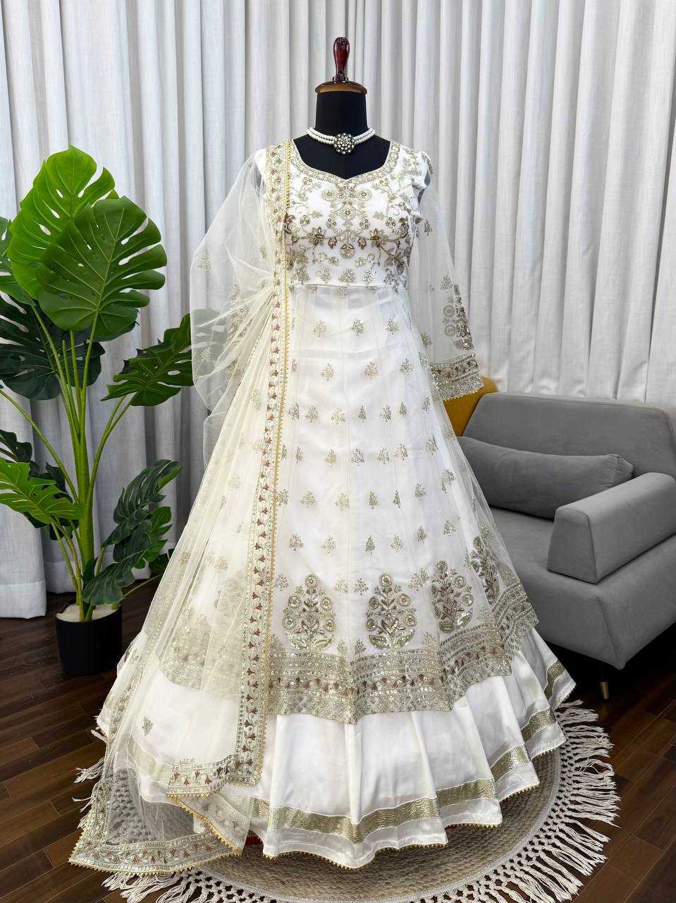 Party Wear Off White Color Designer Gown With Lehenga Set