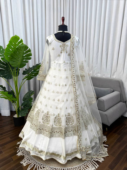 Party Wear Off White Color Designer Gown With Lehenga Set