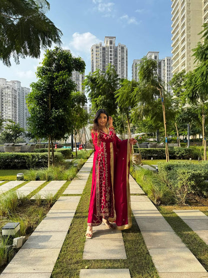 Wedding Wear Maroon Color Long Kurta Palazzo Suit Set