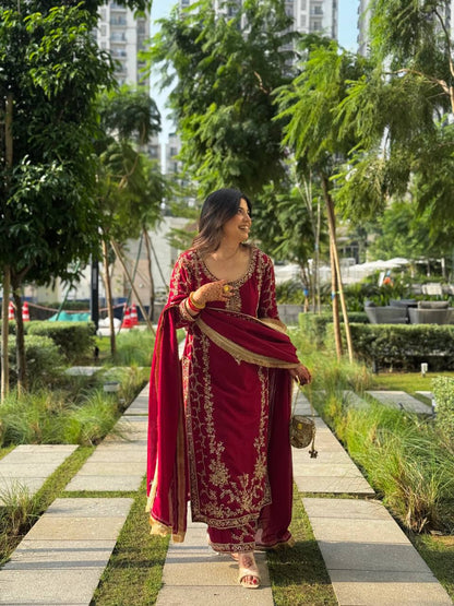 Wedding Wear Maroon Color Long Kurta Palazzo Suit Set
