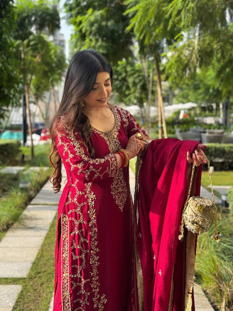 Wedding Wear Maroon Color Long Kurta Palazzo Suit Set