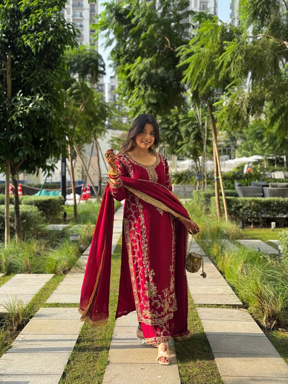 Wedding Wear Maroon Color Long Kurta Palazzo Suit Set