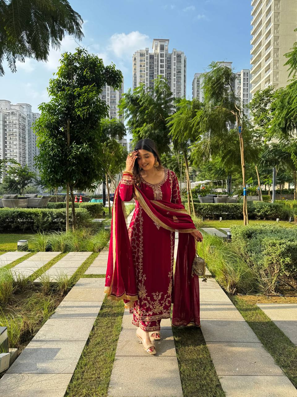 Wedding Wear Maroon Color Long Kurta Palazzo Suit Set