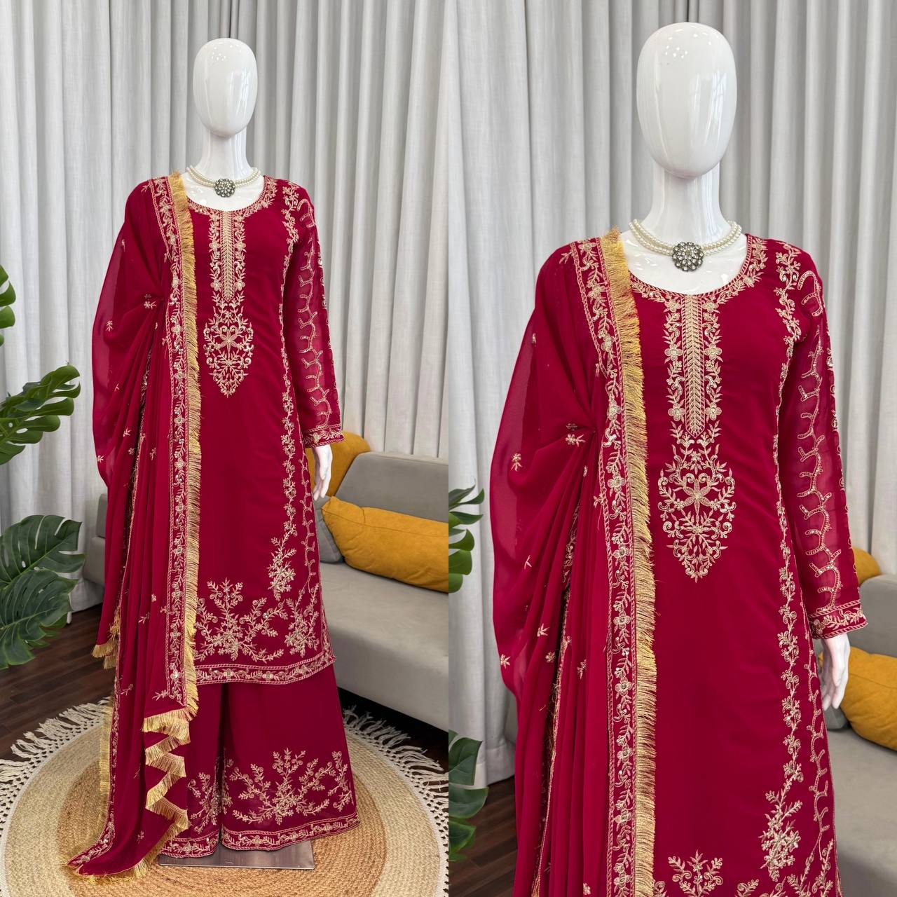 Wedding Wear Maroon Color Long Kurta Palazzo Suit Set