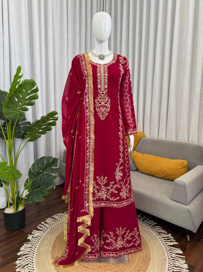 Wedding Wear Maroon Color Long Kurta Palazzo Suit Set
