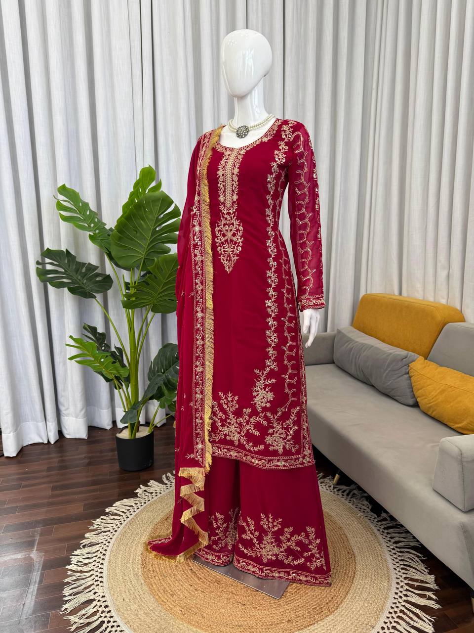 Wedding Wear Maroon Color Long Kurta Palazzo Suit Set