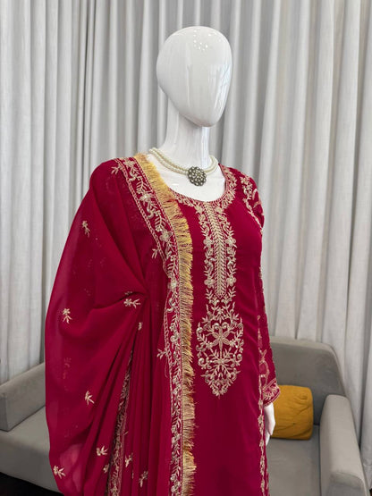 Wedding Wear Maroon Color Long Kurta Palazzo Suit Set
