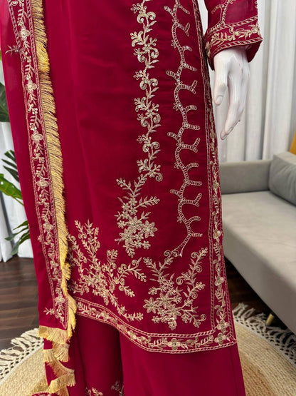 Wedding Wear Maroon Color Long Kurta Palazzo Suit Set