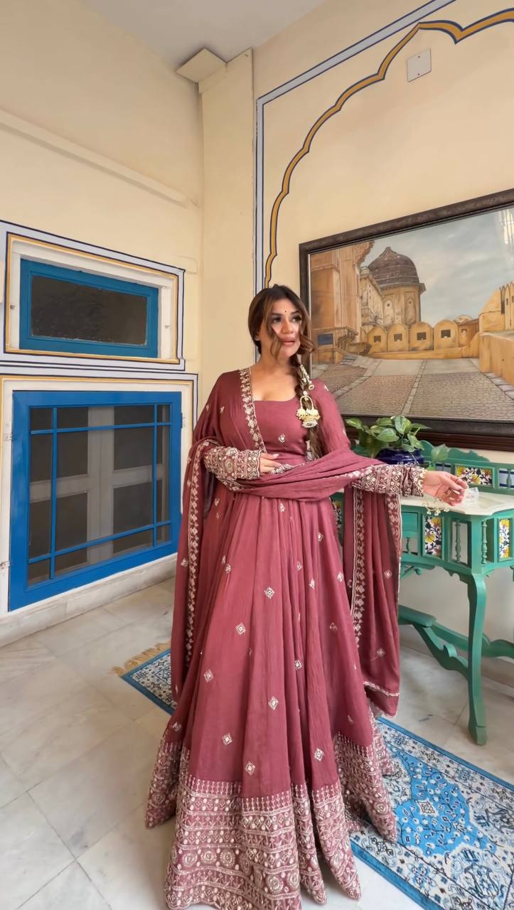 Wedding Wear Peach Color Mul Chanderi Silk Designer Gown Set
