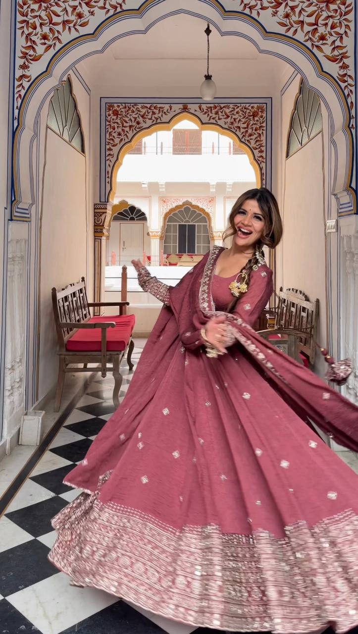 Wedding Wear Peach Color Mul Chanderi Silk Designer Gown Set