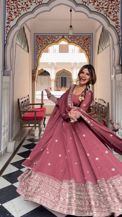 Wedding Wear Peach Color Mul Chanderi Silk Designer Gown Set