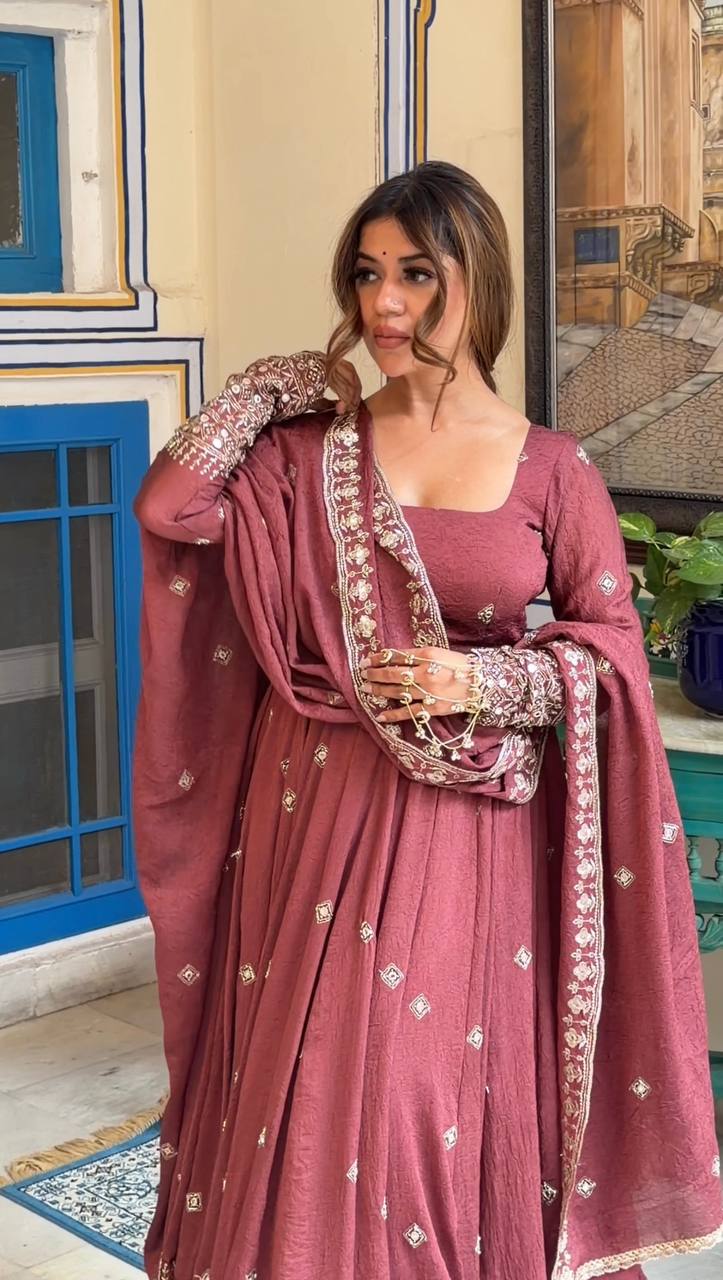 Wedding Wear Peach Color Mul Chanderi Silk Designer Gown Set