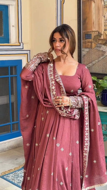 Wedding Wear Peach Color Mul Chanderi Silk Designer Gown Set