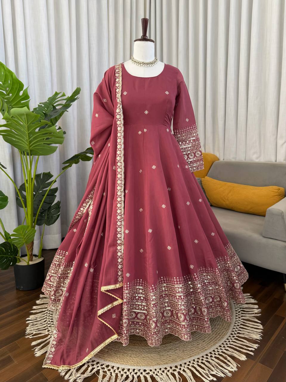 Wedding Wear Peach Color Mul Chanderi Silk Designer Gown Set