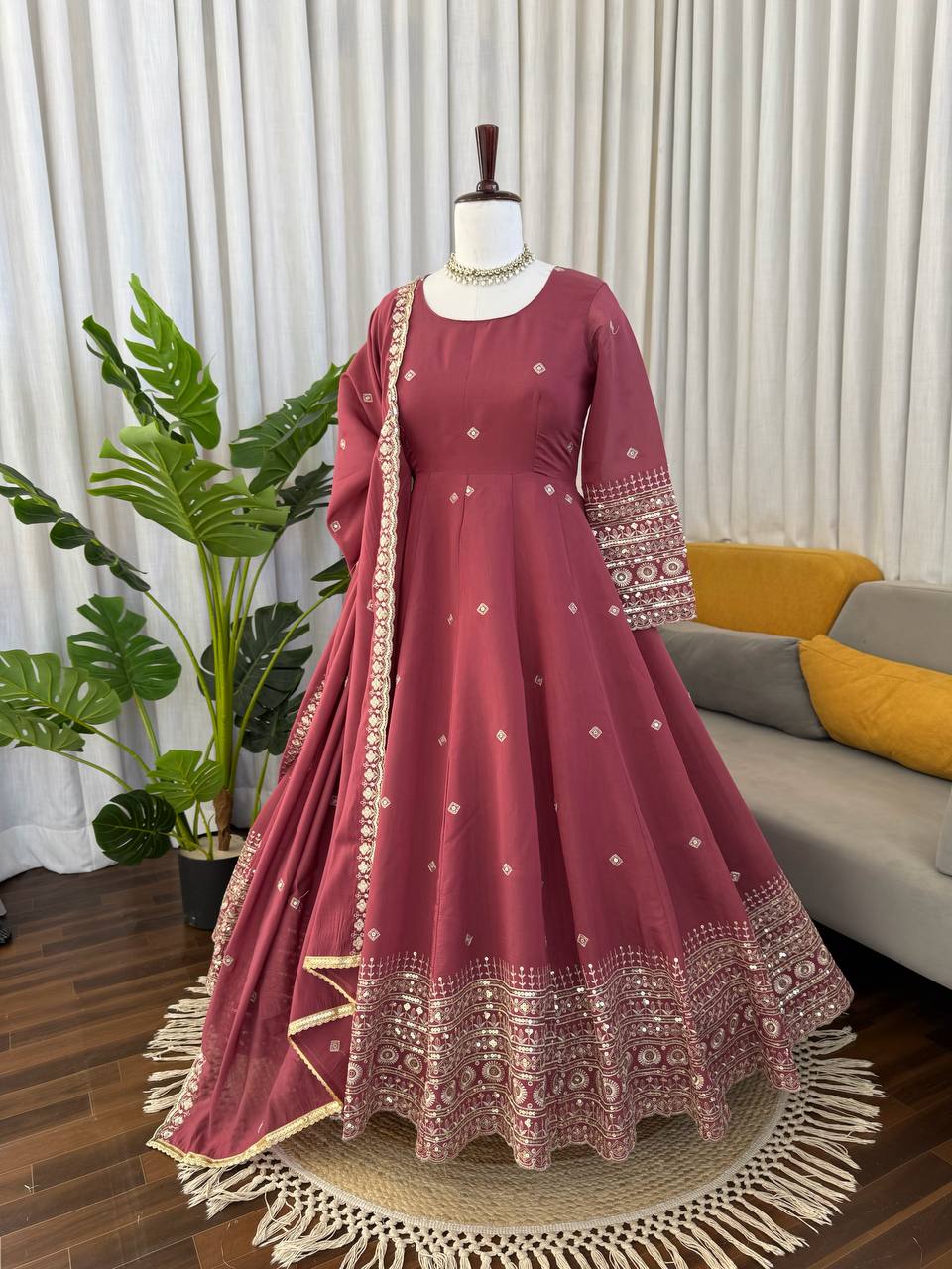Wedding Wear Peach Color Mul Chanderi Silk Designer Gown Set