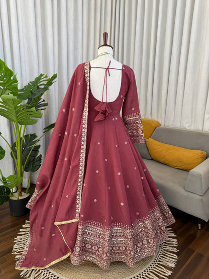 Wedding Wear Peach Color Mul Chanderi Silk Designer Gown Set