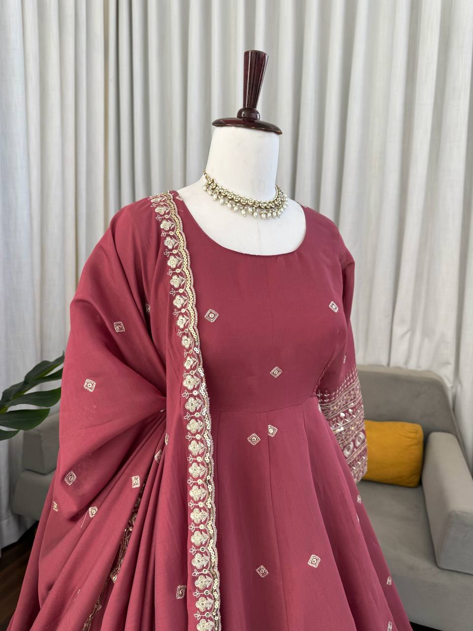 Wedding Wear Peach Color Mul Chanderi Silk Designer Gown Set