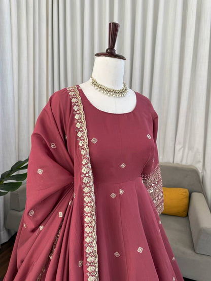 Wedding Wear Peach Color Mul Chanderi Silk Designer Gown Set
