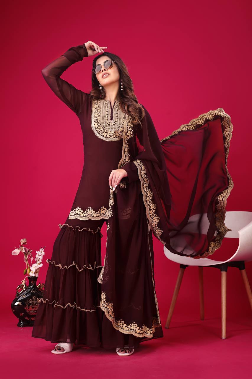 Ravishing Brown Color Blooming Faux Georgette With Heavy Embroidery Sequence Thread Work Palazzo Suit