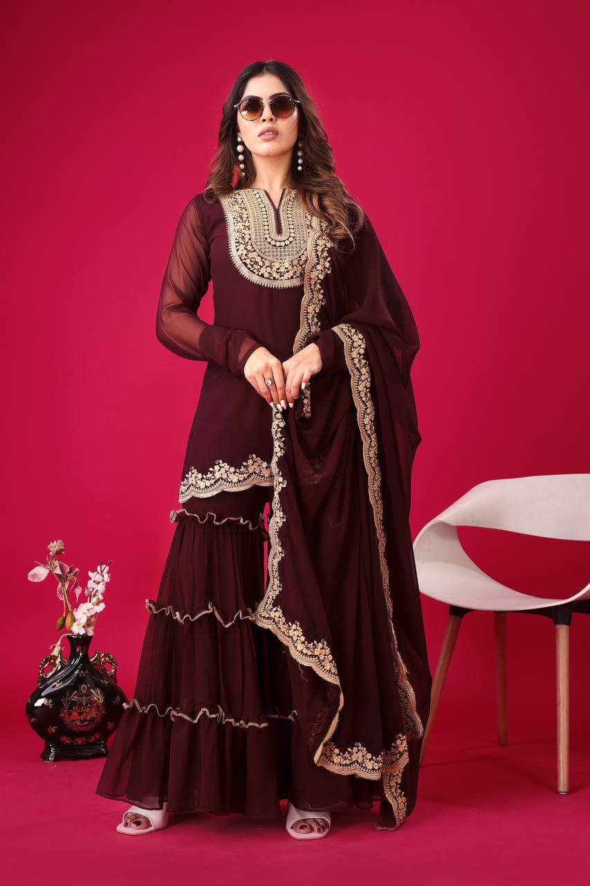 Ravishing Brown Color Blooming Faux Georgette With Heavy Embroidery Sequence Thread Work Palazzo Suit