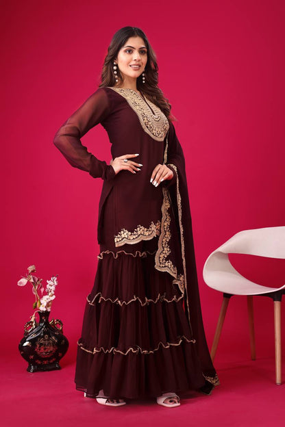 Ravishing Brown Color Blooming Faux Georgette With Heavy Embroidery Sequence Thread Work Palazzo Suit