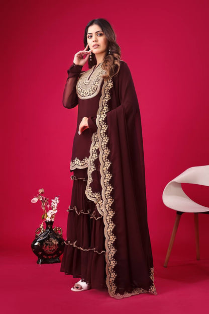 Ravishing Brown Color Blooming Faux Georgette With Heavy Embroidery Sequence Thread Work Palazzo Suit